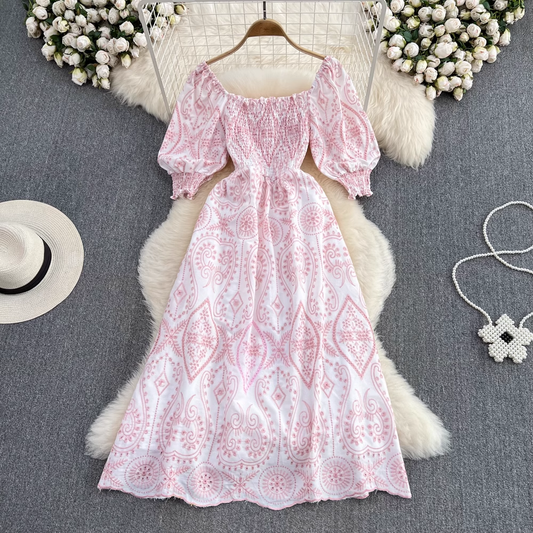 Summer Sweet Retro Square Collar Short Sleeves Embroidered A Line Dress 1598