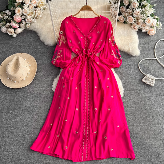 Summer Retro Bohemian V Neck Embroidered Mid Length A Line Dress 1689