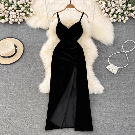 V Neck High Slit Velvet Dress Black Evening Dress 1601