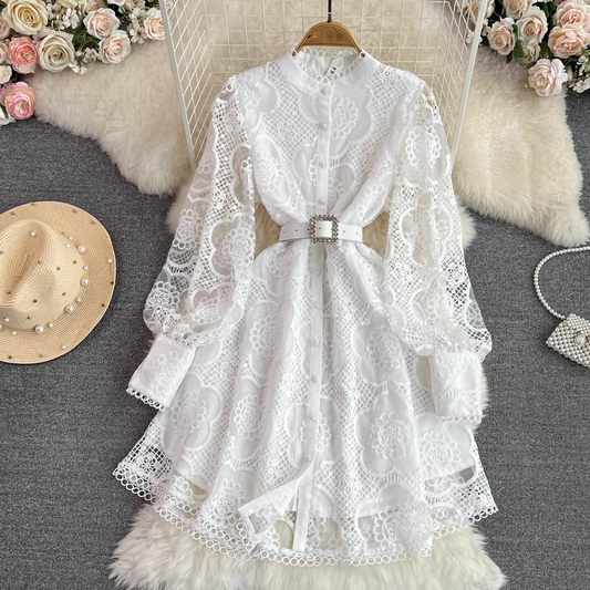 Long Sleeves Stand Collar Hollow A Line Lace Dress 1662