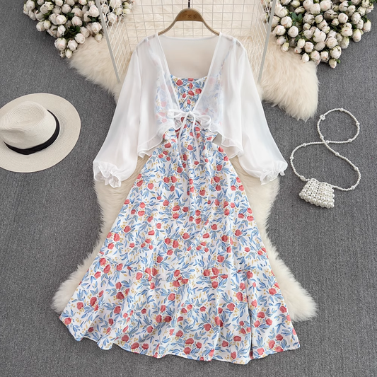 V Neck A Line Ruffled Floral Spaghetti Strap Dress Chiffon Cardigan Two Pieces Set 1580