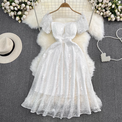 Summer Short Sleeves Square Collar A Line Lace Embroidery Princess Dress Wedding dress  1677