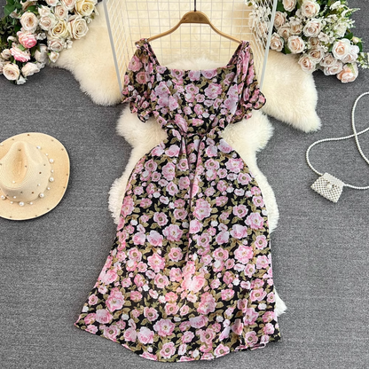 Short Sleeves Square Neck Mid Length Slit A Line Floral Chiffon Ruffles  Dress 1676