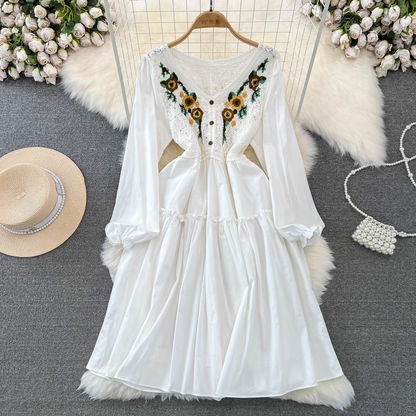 Spring and Autumn Fairy Sweet Bubble Long Sleeved V Neck Hollow A Line Dress 1336