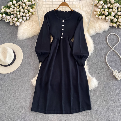 Autumn and Winter Long Sleeved Round Neck Mid Length A Line Knitted Dress 1454