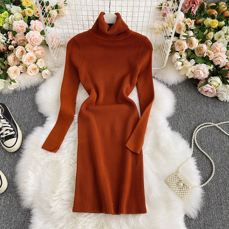 Autumn and Winter Knitted Dress Knee Length Long Sleeves Sweater Dress 1715