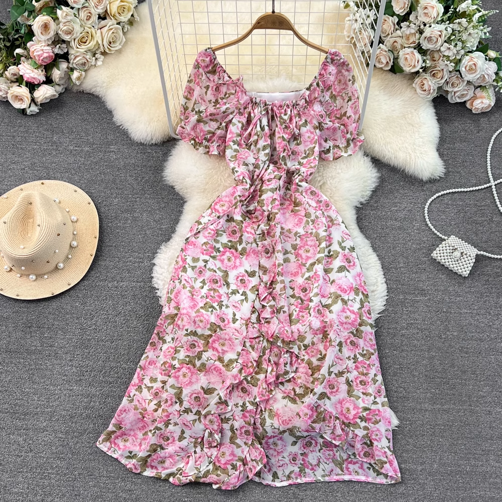 Short Sleeves Square Neck Mid Length Slit A Line Floral Chiffon Ruffles  Dress 1676