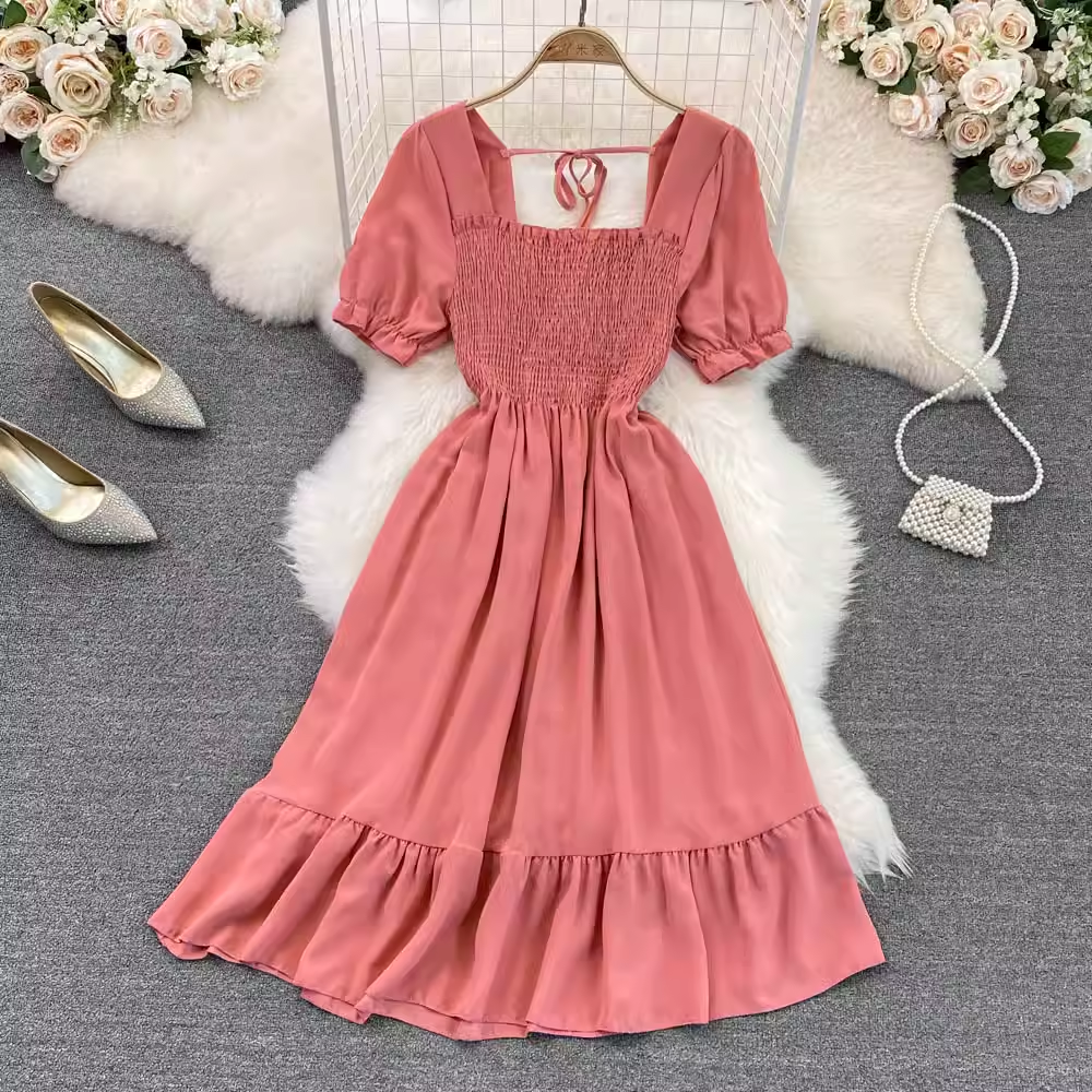 Square Collar Bubble Short Sleeves Ruffled Dress Summer 1576