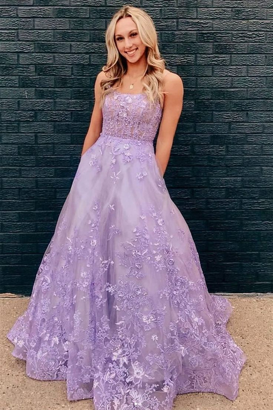 Purple Lace Floral Long Prom Dresses A Line Tulle Formal Evening Dresses 2206