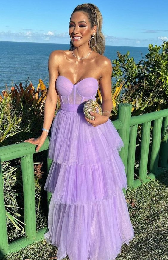 Lavender A Line Sweetheart Tulle Tired Long Prom Dresses 2188