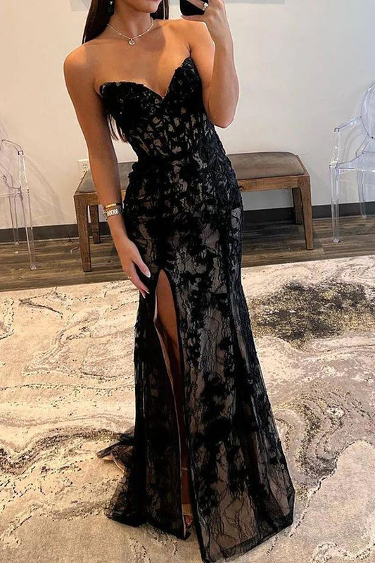 Sweetheart Black Mermaid Prom Dress Lace Evening Dress With Slit 2140