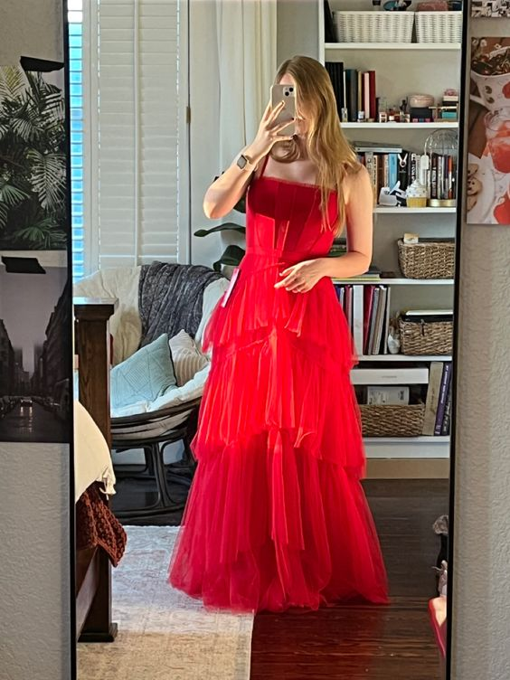 Spaghetti Strap Red Tired Prom Dress Tulle Formal Evening Gown 2225