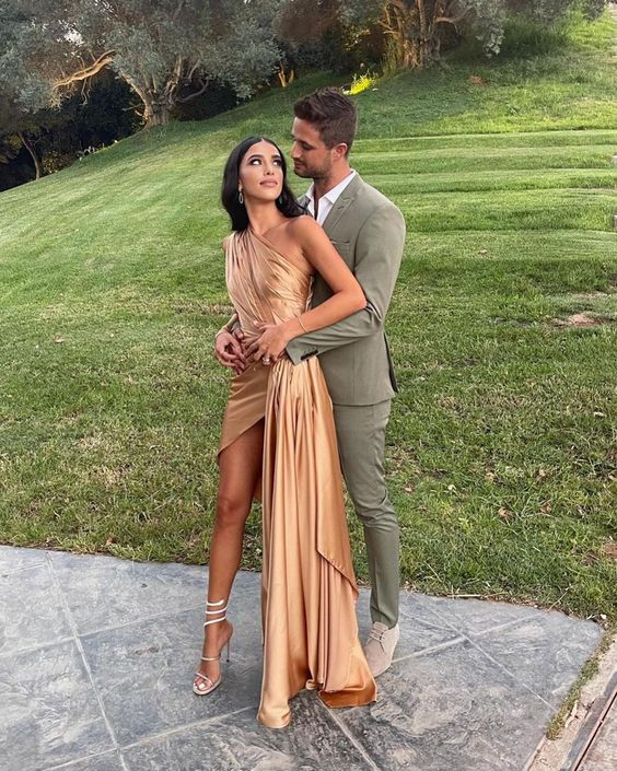 One Shoulder Rose Gold Prom Dress Satin Formal Party Dress 2268