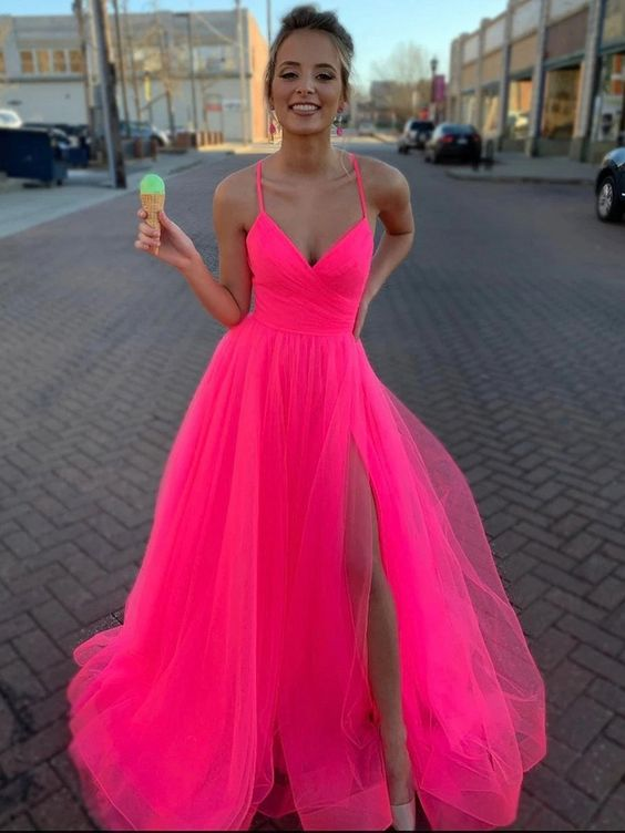 A Line V Neck Tulle Prom Dress Hot Pink Slit Senior Prom Dresses 2109