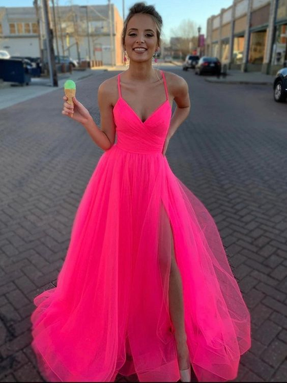 A-Linie-Abschlussballkleid aus Tüll mit V-Ausschnitt und Schlitz in Pink für Senioren-Abschlussballkleider 2109