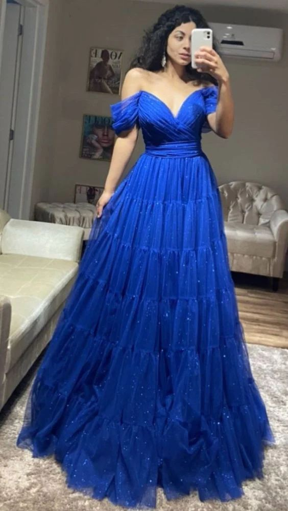 Off The Shoulder Blue A Line Prom Dress Formal Tulle Evening Prom Gown 2159