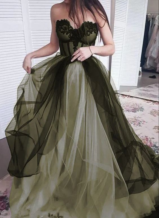 Strapless Green Long Prom Dress A Line Tulle Senior Dress 2132