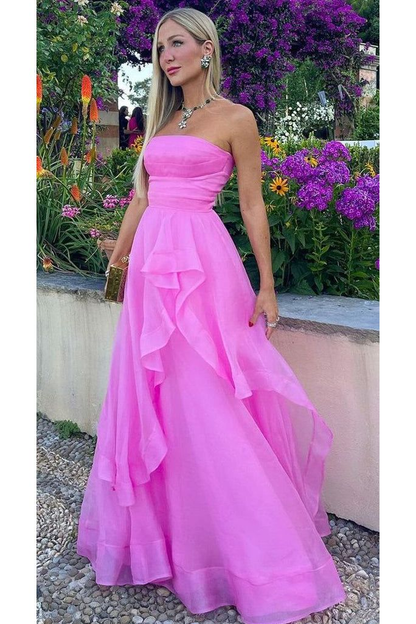 Trägerloses A-Linien-Blau-Rosa-Abschlussballkleid mit Rüschen, formelles Kleid 2142