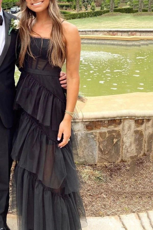 Spaghetti Straps Black A-Line Prom Dress Layered Evening Gown 2269