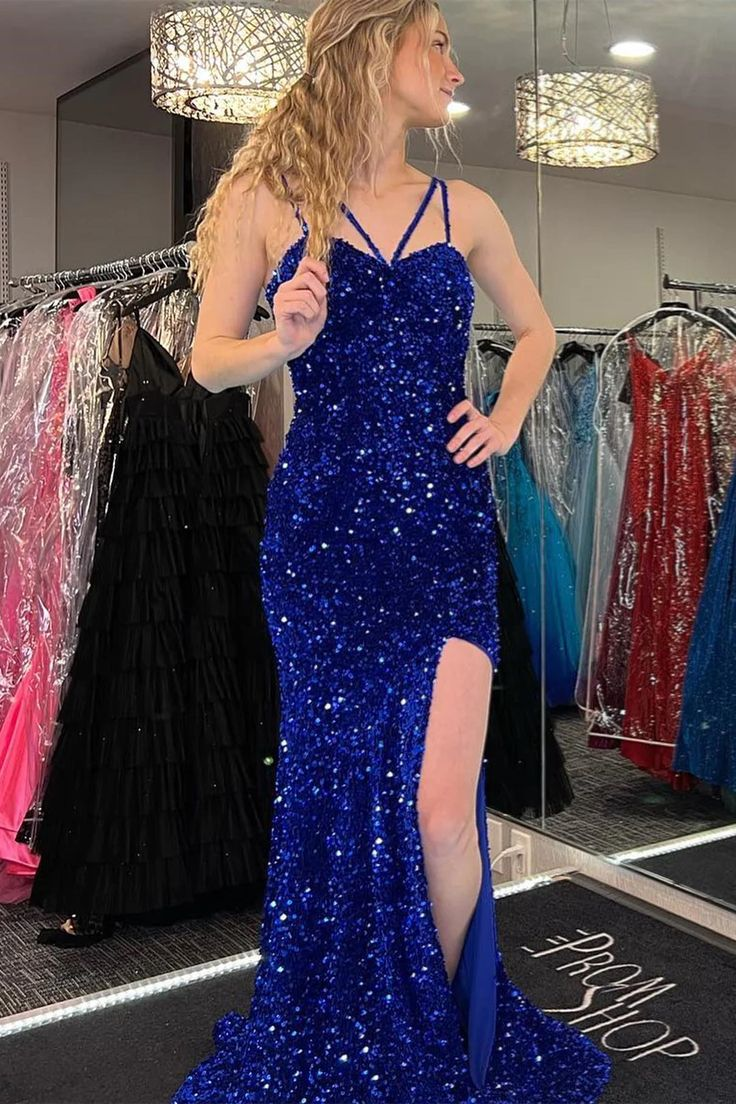 Halter Straps Sequins Mermaid Long Prom Dress Royal Blue Evening Dress With Slit 2227