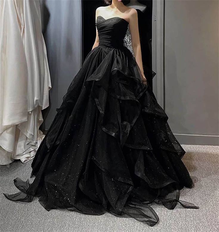 Strapless Black A Line Long Prom Dress Tiered Tulle Evening Gown 2245