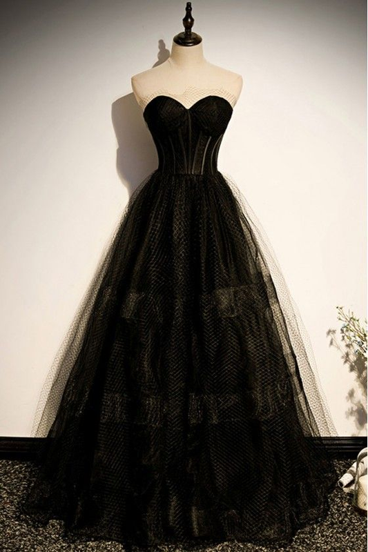 A Line Strapless Black Tulle Evening Prom Dress 2247