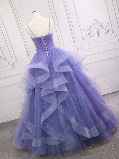 Spaghettiträger Hellviolett Langes Ballkleid A-Linie Lagenkleid Geburtstagspartykleid 2410