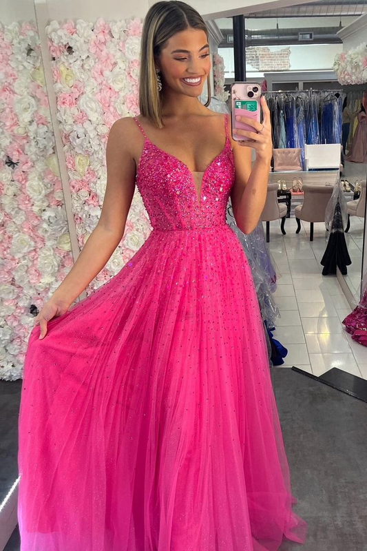 Spaghetti Straps Pink A-Line Long Formal Dress Slit Evening Dress 2200