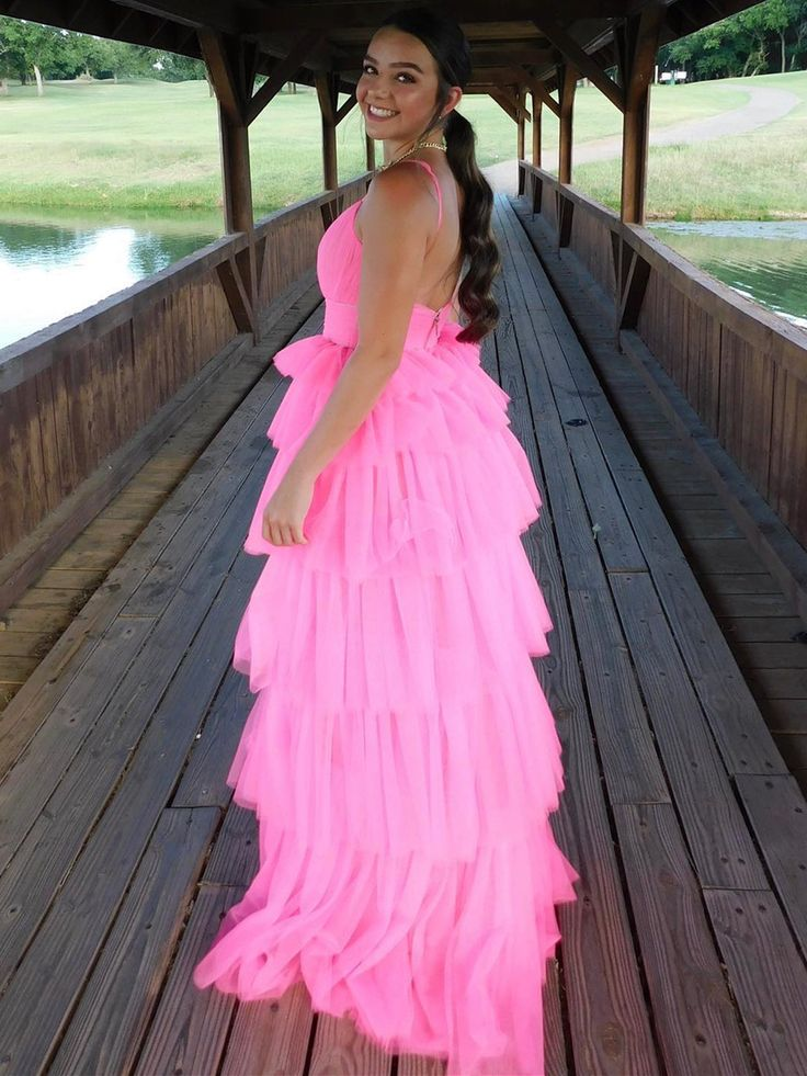 Layered A Line Pink Long Prom Dresses Formal Graduation Evening Dresses 2183