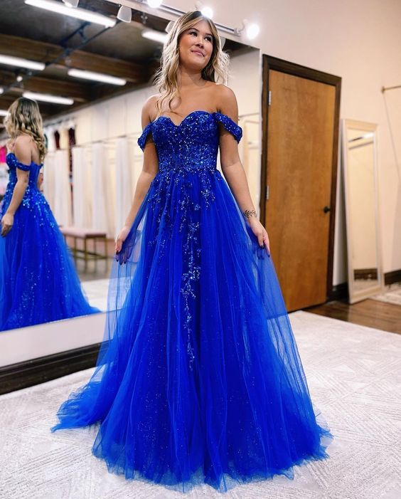 Off The Shoulder Blue A Line Prom Dress With Applique Slit Formal Tulle Evening Dress 2160