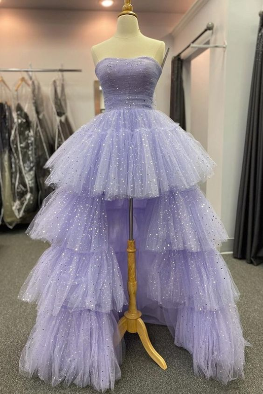 Light Purple Strapless A-Line Prom Dress Layered Shiny Tulle Dress 2145