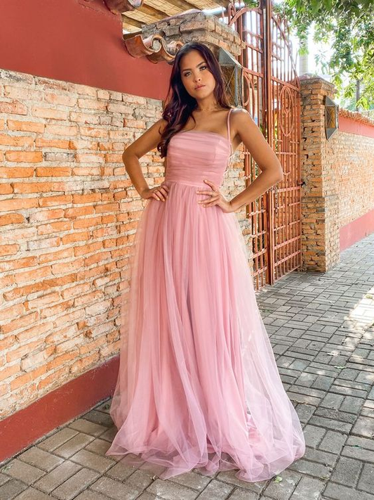 Spaghetti Straps Pink Tulle Long Prom Dress A-Line Formal Evening Dress 2238