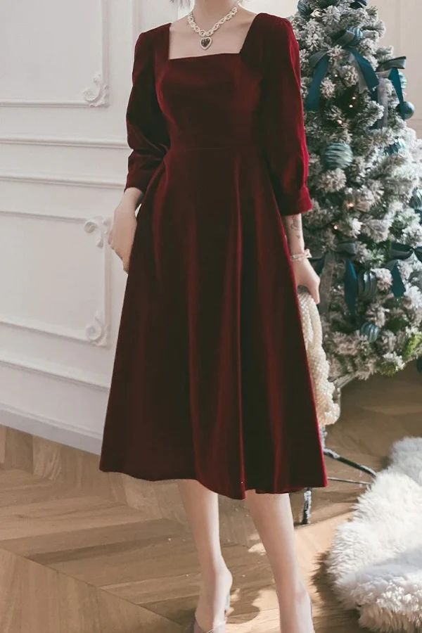 Square Necking Burgundy Velvet Prom Dresses A Line Long Sleeves Dress 2427