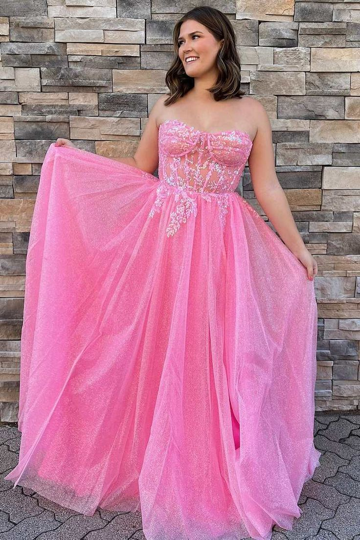 Strapless Pink A Line Long Prom Dress Appliques Formal Evening Gown 2286