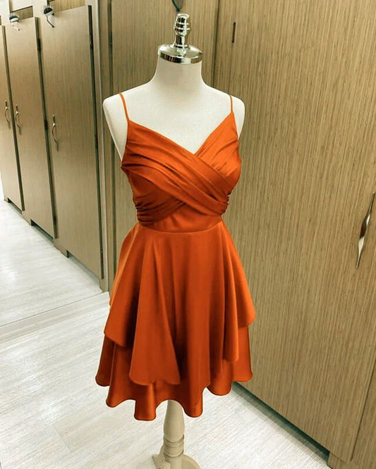 Orange Satin A Line Cocktail Dresses Spaghetti Straps Homecoming Dress 2377