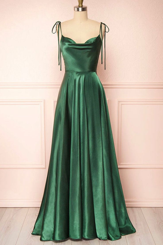 Green Satin A Line Long Prom Dresses Formal Graduation Evening Dress 2178