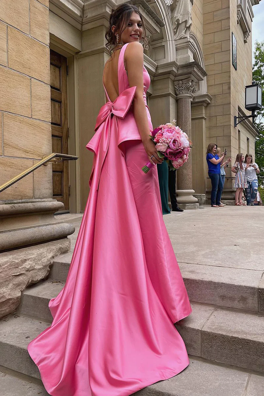 Pink Mermaid V Neck Satin Long Prom Dresses With Slit And Bow 2283