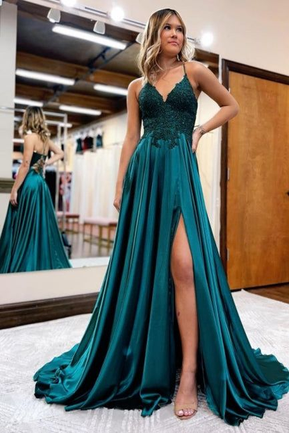 Spaghetti Straps A-Line Satin Prom Dresses Green Evening Gowns With Slit 2111