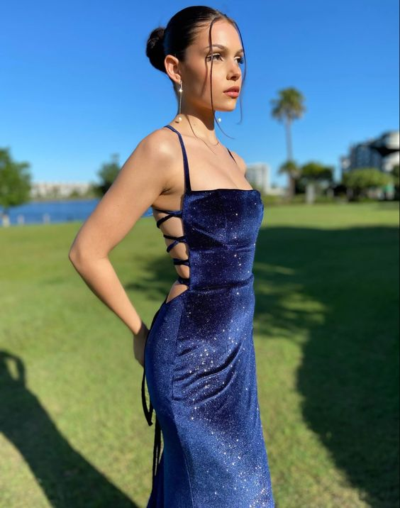 Navy Blue Velvet Sheath Long Prom Dress 2303