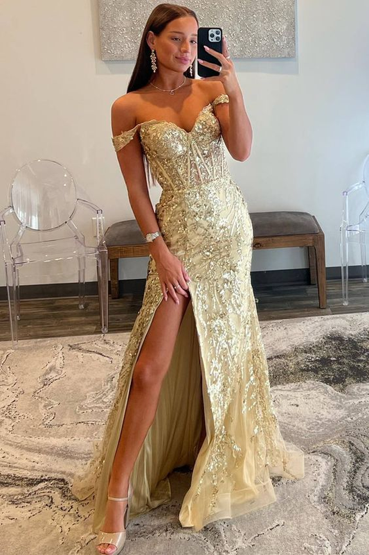 Off The Shoulder Sequin Mermaid Prom Dress Gold Sparkling Evening Dress With Slit 2139