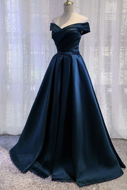 Schulterfreies, langes Ballkleid aus grünem Satin, schlichtes Abendkleid 2241