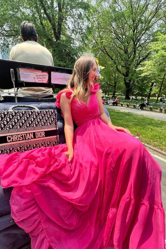 Rose Red Ruffle Shoulder V Neck A Line Long Prom Dress 2288