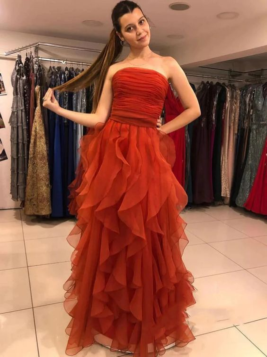 Strapless Tulle Orange Long Prom Dresses Ruffled Formal Evening Gowns 2309