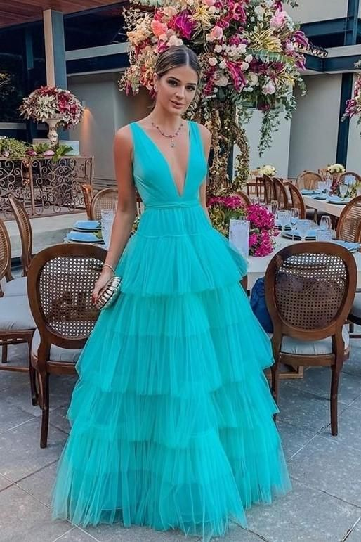 V Neck Blue Tiered Tulle Prom Dress A Line Long Party Dress 2243