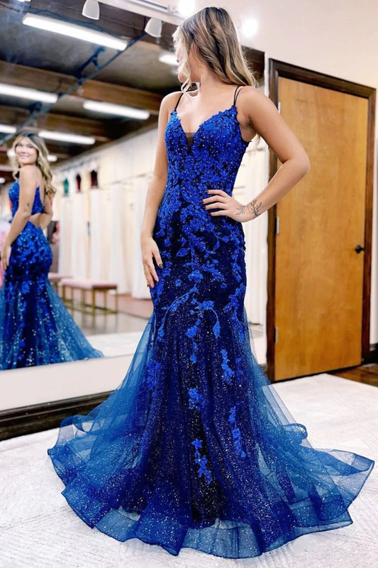 V Neck Royal Blue Mermaid Lace Prom Dresses Formal Evening Dresses 2103