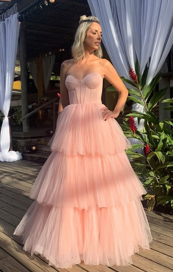 Strapless Pink Layered Long Prom Dresses A Line Senior Prom Gown 2184