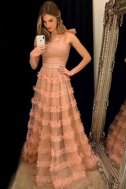 Peach Tulle A Line Long Prom Dress Formal Party Gown 2313