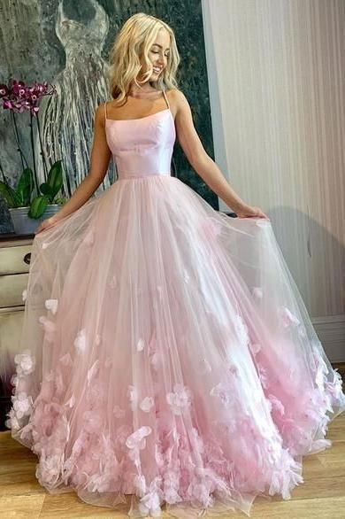 Floral A-Line Spaghetti Straps Pink Prom Dress 2169