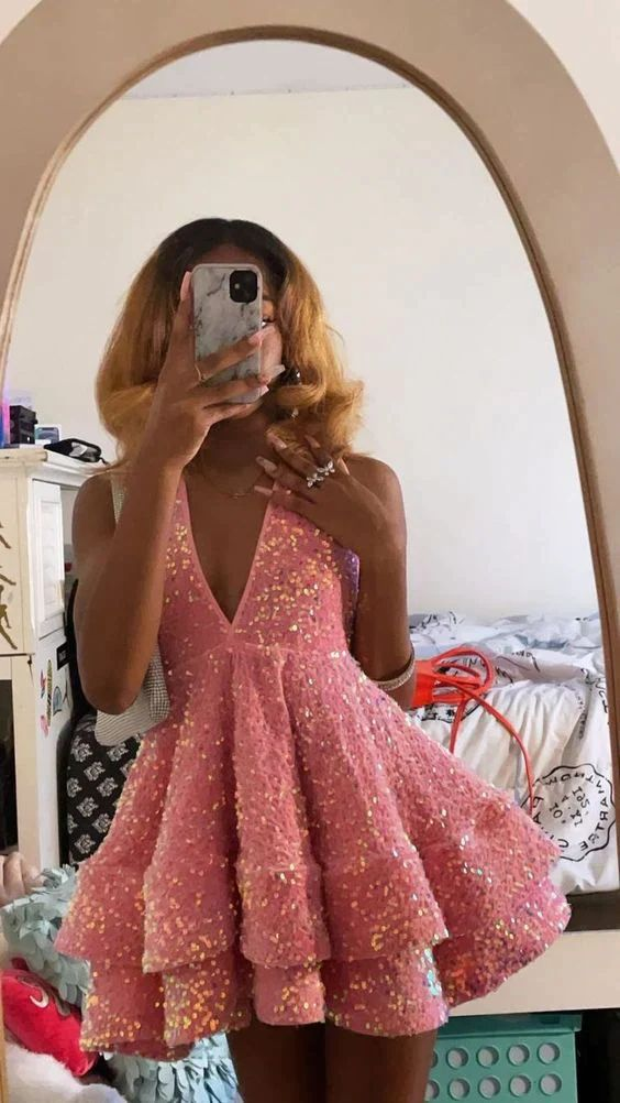 Pink Sequins A Line Homecoming Dresses V Neck Short Prom Dress 2373