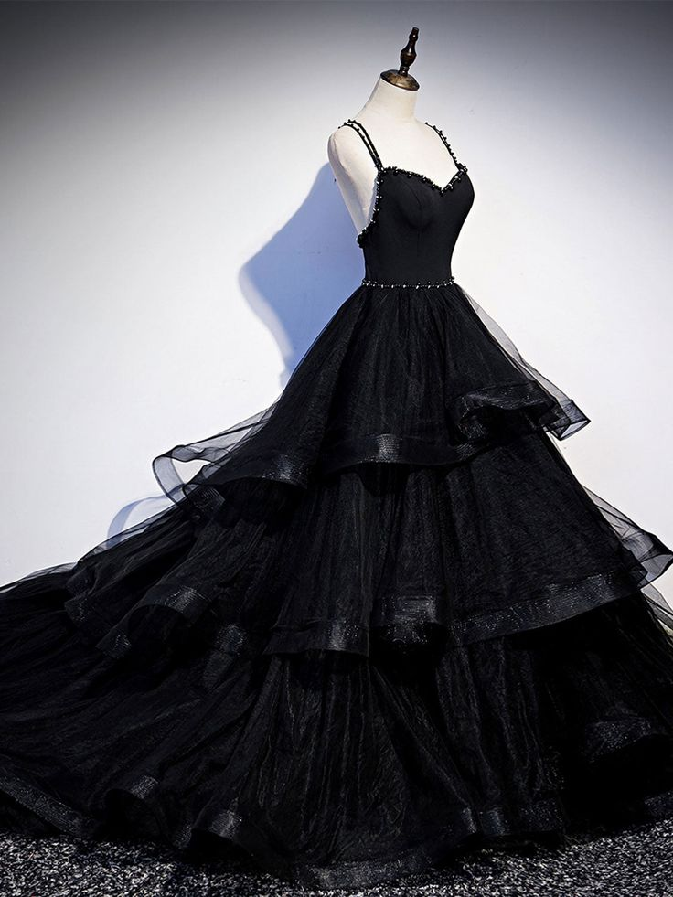 Robe de bal longue en tulle noir perlé, robe de remise de diplôme à volants 2246